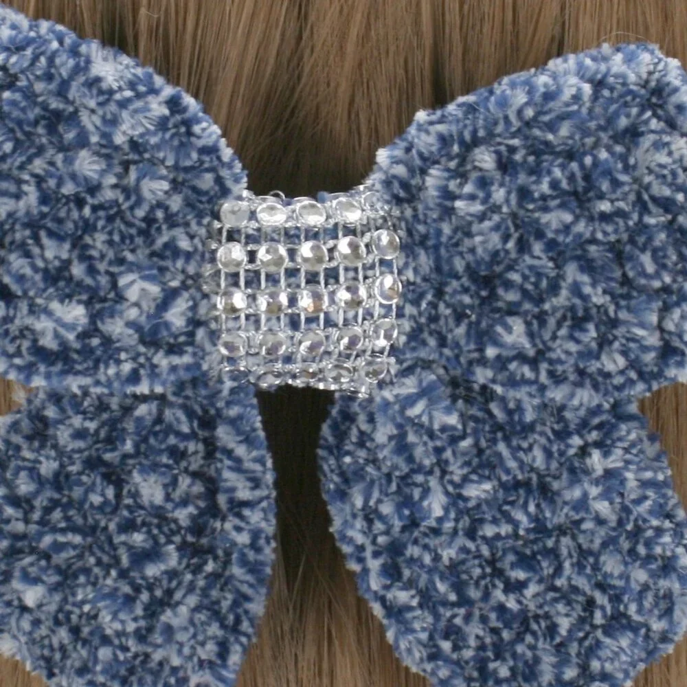 HAND CRAFTED Hair Bow Kids Crochet Chenille Velvet Hair Barrette Oversized Blue